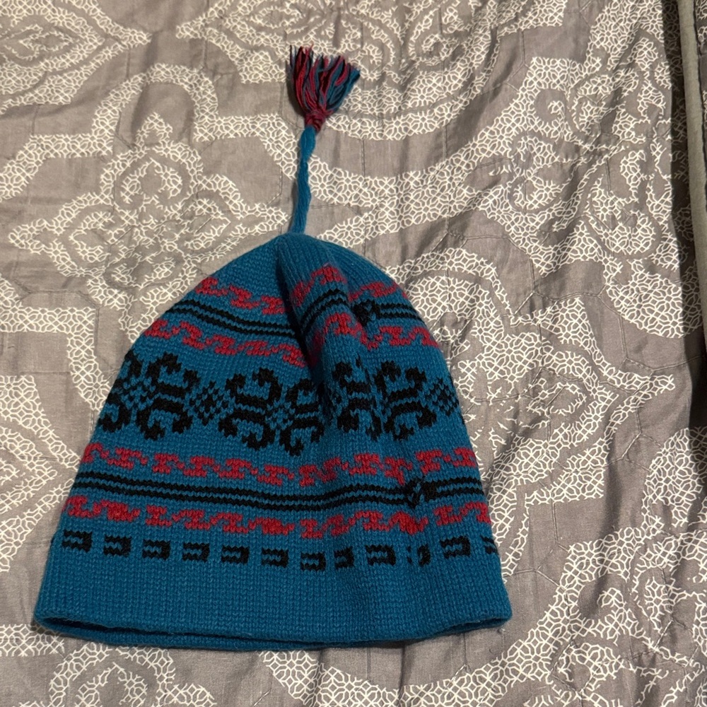 Kids Teal Knit Pom Tassel Hat with Patterned Accent